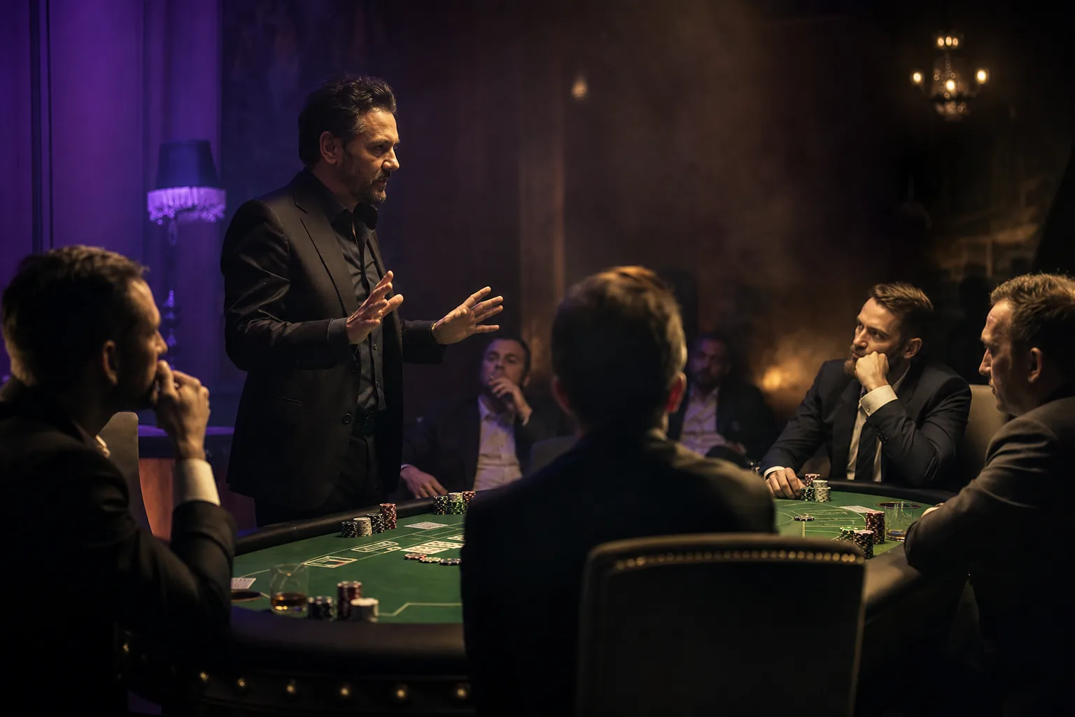 Masă de poker cu lumină violet și aurie.