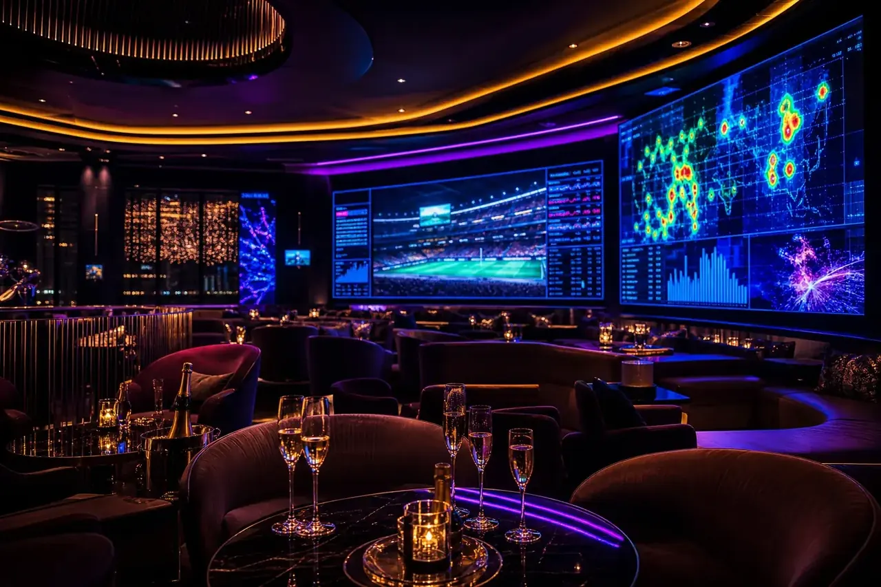 Salon VIP analiză sportivă, iluminare colorată cinematică.